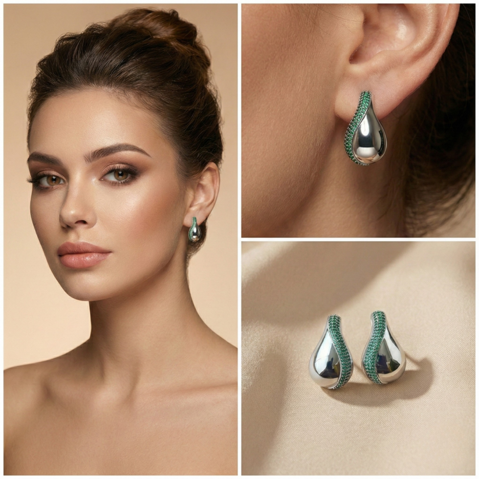 Emerald Sliver Teardrop Elegance Earring with white background 399rs by the party piece best artificial jewelry brand in india