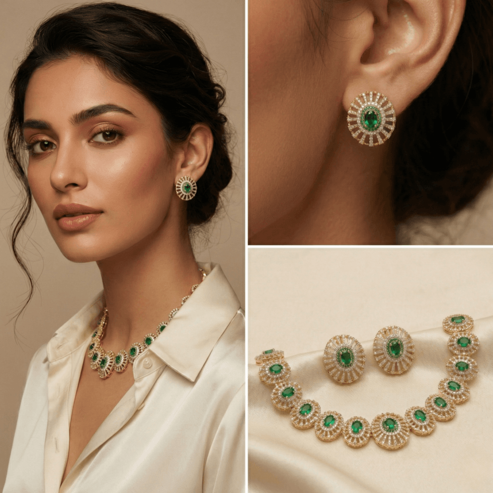 Antique Green American Diamond Circular Motif Necklace Set with white background The Party Piece brand. best imitation jewelery brand in india