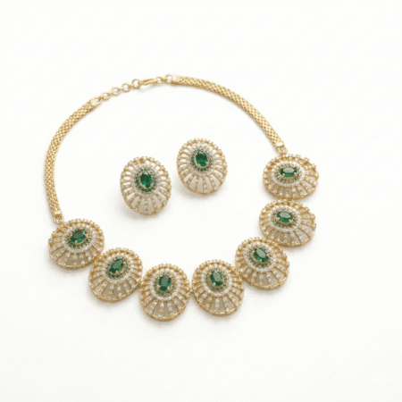 Antique Green American Diamond Circular Motif Necklace Set with white background The Party Piece brand. best imitation jewelery brand in india