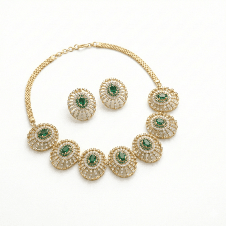 Antique Green American Diamond Circular Motif Necklace Set with white background The Party Piece brand. best imitation jewelery brand in india