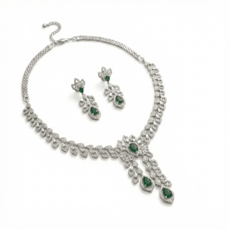 Classic Gold Finish American Diamond Layered Necklace Set with whitw backgroung by The Party Piece brand. best imitation jewelery brand in india