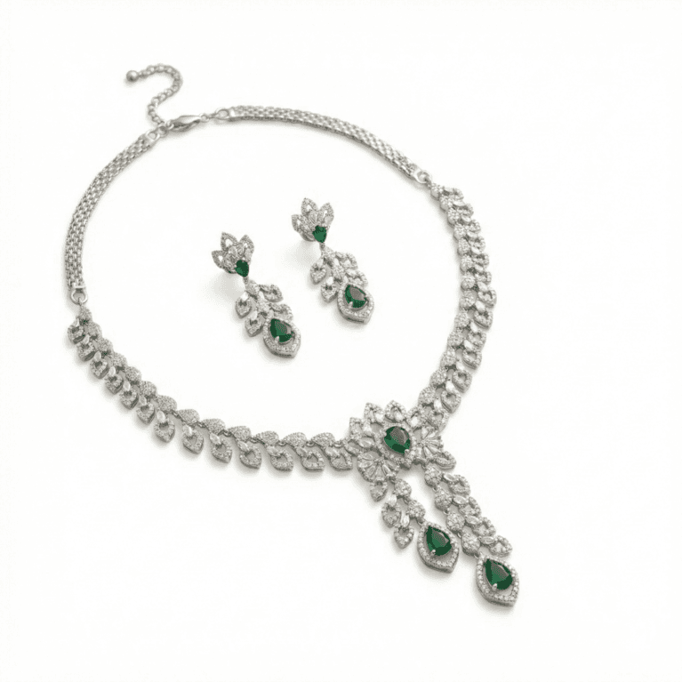 Classic Gold Finish American Diamond Layered Necklace Set with whitw backgroung by The Party Piece brand. best imitation jewelery brand in india