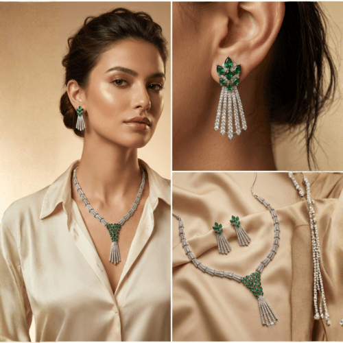 Green Crescent Floral Green American Emerald Tassel American Diamond Necklace Set with white background by The Party Piece brand. best imitation jewelery brand in india
