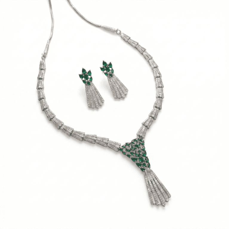 Green Crescent Floral Green American Emerald Tassel American Diamond Necklace Set with white background by The Party Piece brand. best imitation jewelery brand in india