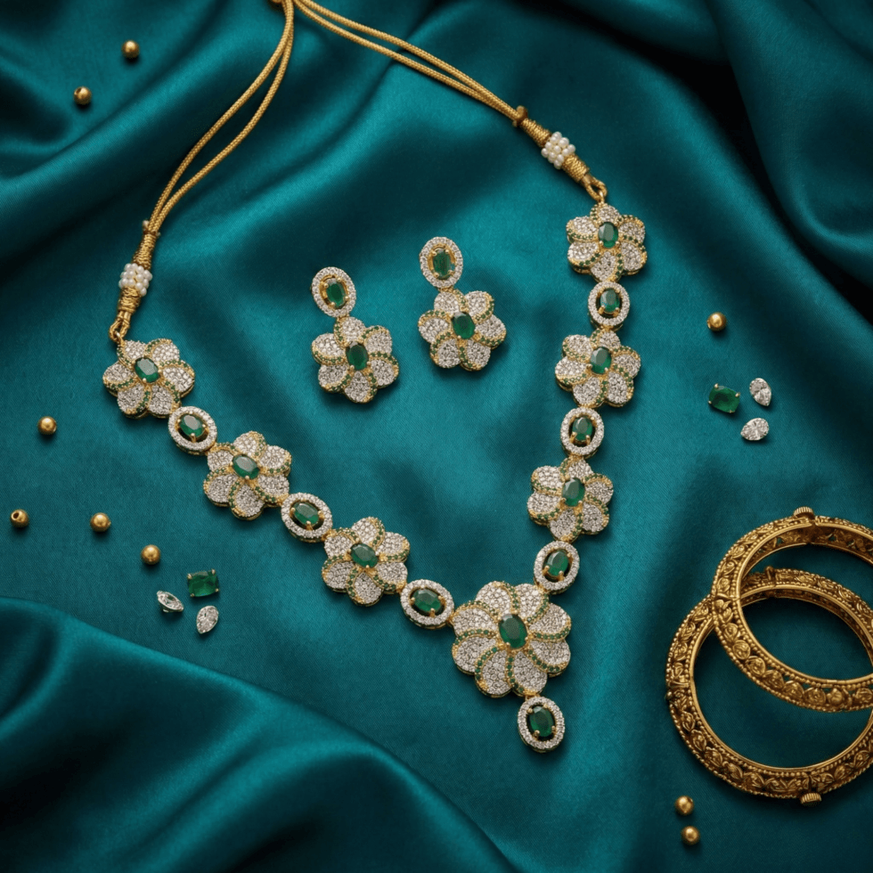 Green Crescent Floral Green American Diamond Necklace Set with white background by The Party Piece brand. best imitation jewelery brand in india