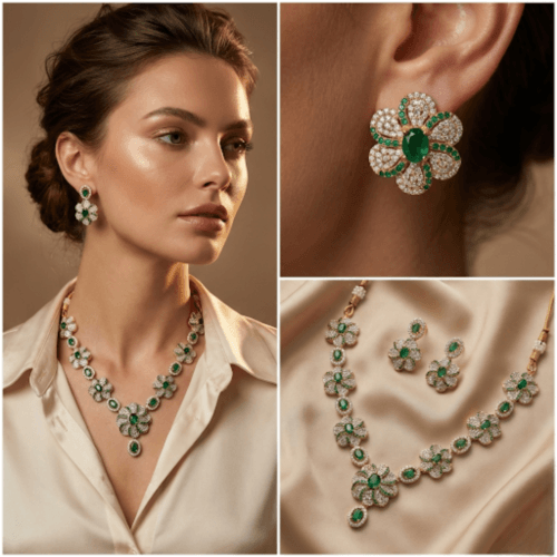 Green Crescent Floral Green American Diamond Necklace Set with white background by The Party Piece brand. best imitation jewelery brand in india