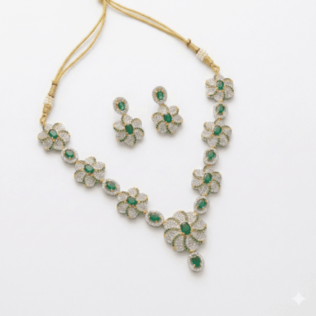 Green Crescent Floral Green American Diamond Necklace Set with white background by The Party Piece brand. best imitation jewelery brand in india