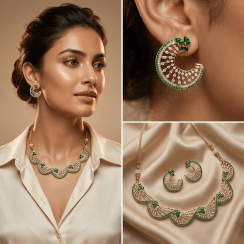 Green Crescent American Diamond Necklace Set with white backgroundby The Party Piece brand. best imitation jewelery brand in india