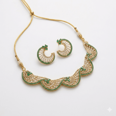 Green Crescent American Diamond Necklace Set with white backgroundby The Party Piece brand. best imitation jewelery brand in india