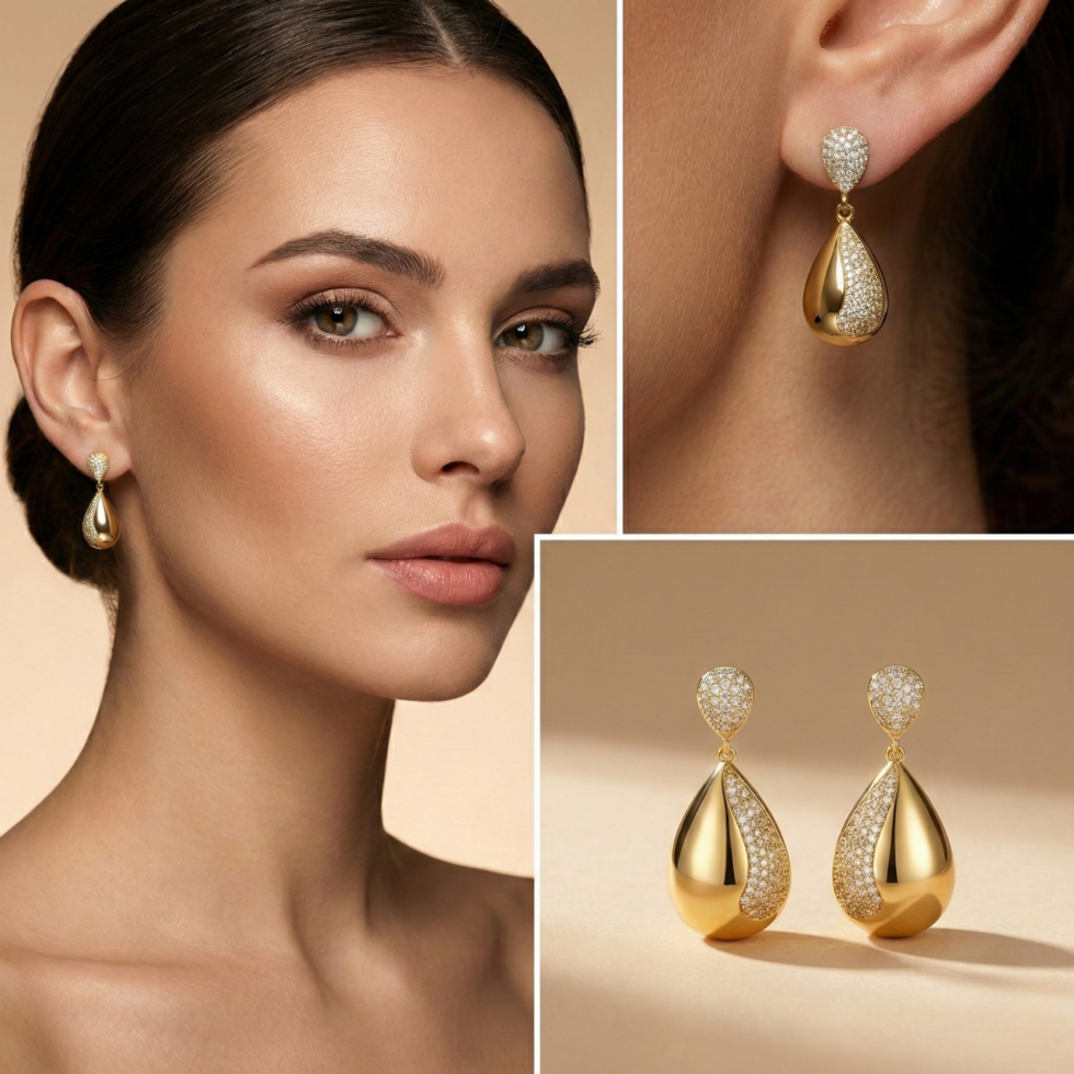 Luminous Pear Diamond Studs Earring with white background 399rs by the party piece best artificial jewelry brand in india