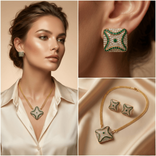 Minimal Green American Diamond Pendant Necklace Set with white background by The Party Piece brand. best imitation jewelery brand in india