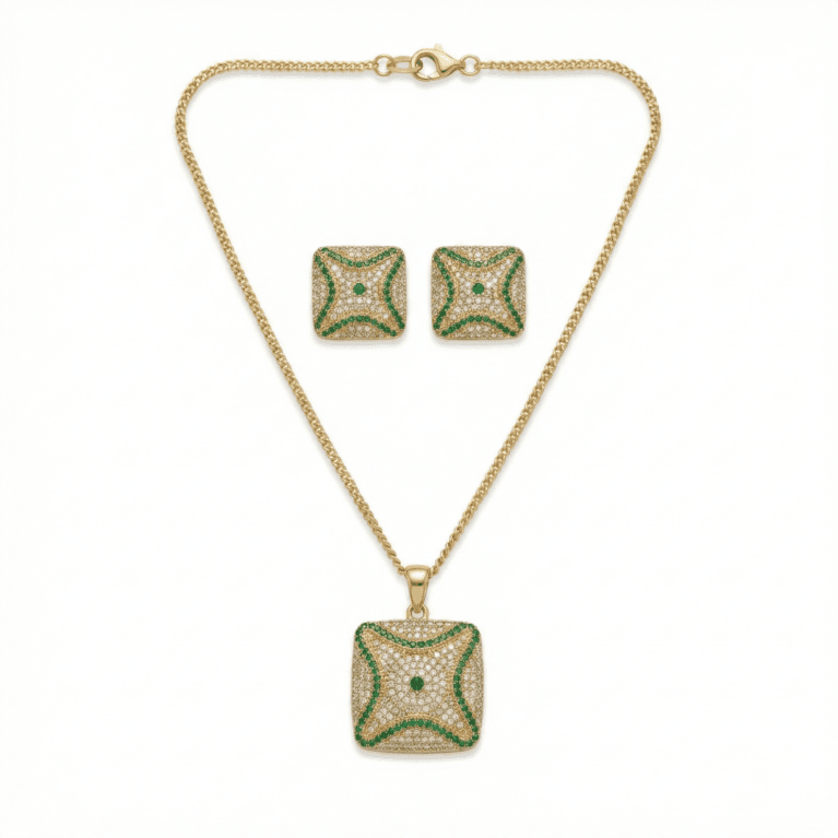 Minimal Green American Diamond Pendant Necklace Set with white background by The Party Piece brand. best imitation jewelery brand in india