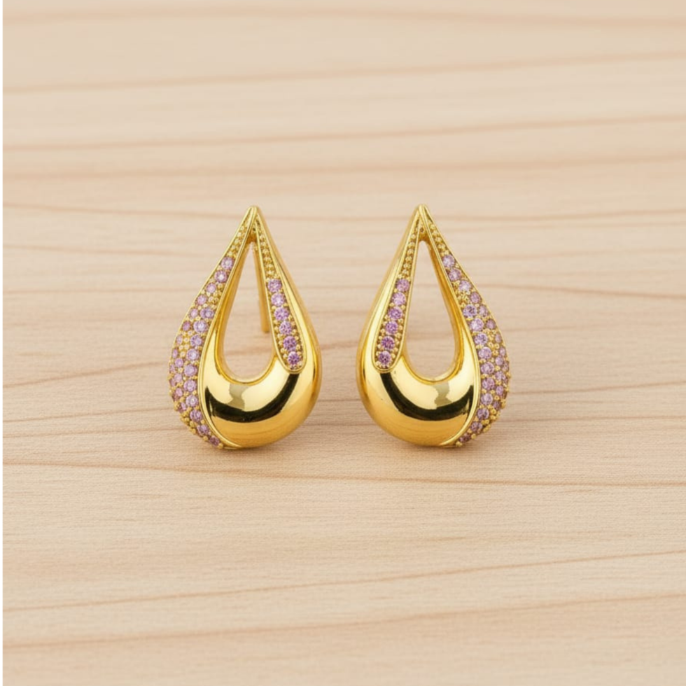 Pink Pavé Gold Teardrops Earring with white background 399rs by the party piece best artificial jewelry brand in india