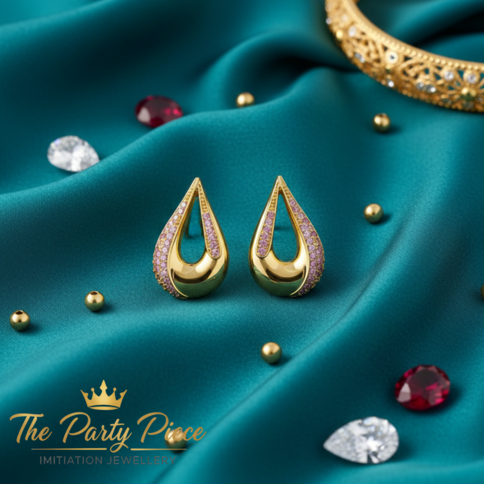 Pink Pavé Gold Teardrops Earring with white background 399rs by the party piece best artificial jewelry brand in india