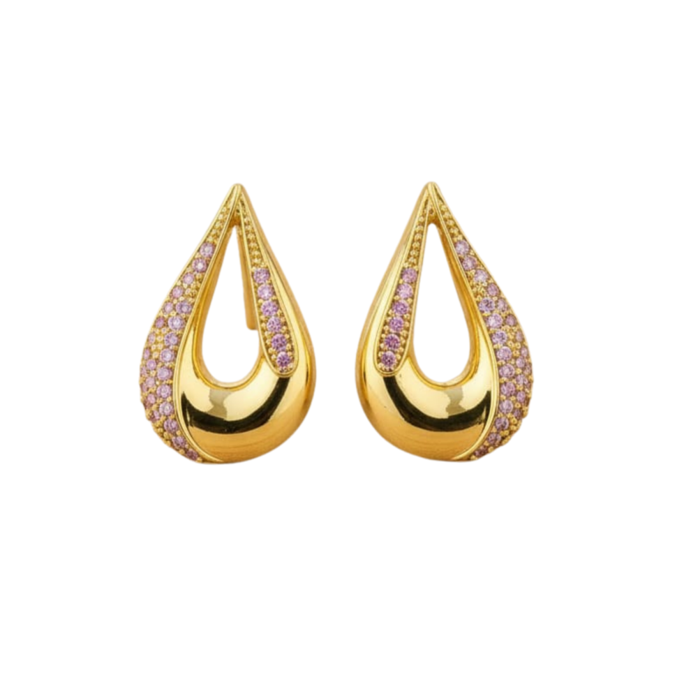 Pink Pavé Gold Teardrops Earring with white background 399rs by the party piece best artificial jewelry brand in india