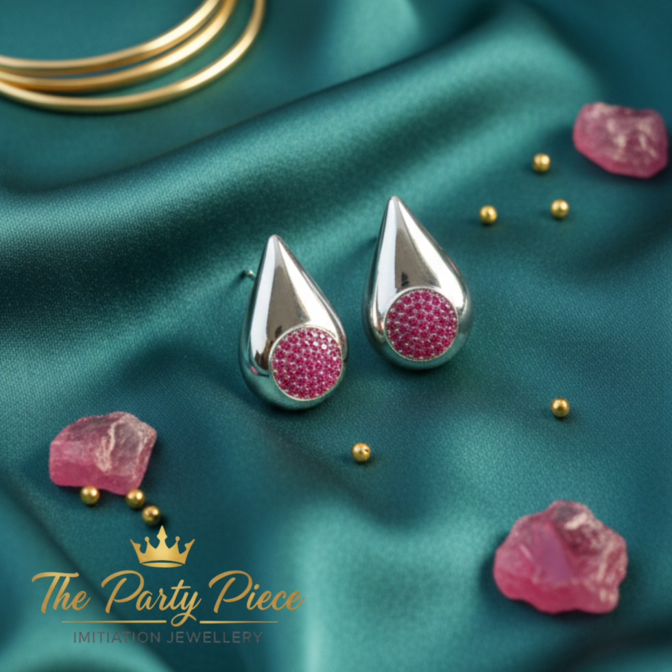 Polished Silver Pink Droplets with white background 399rs by the party piece best artificial jewelry brand in india