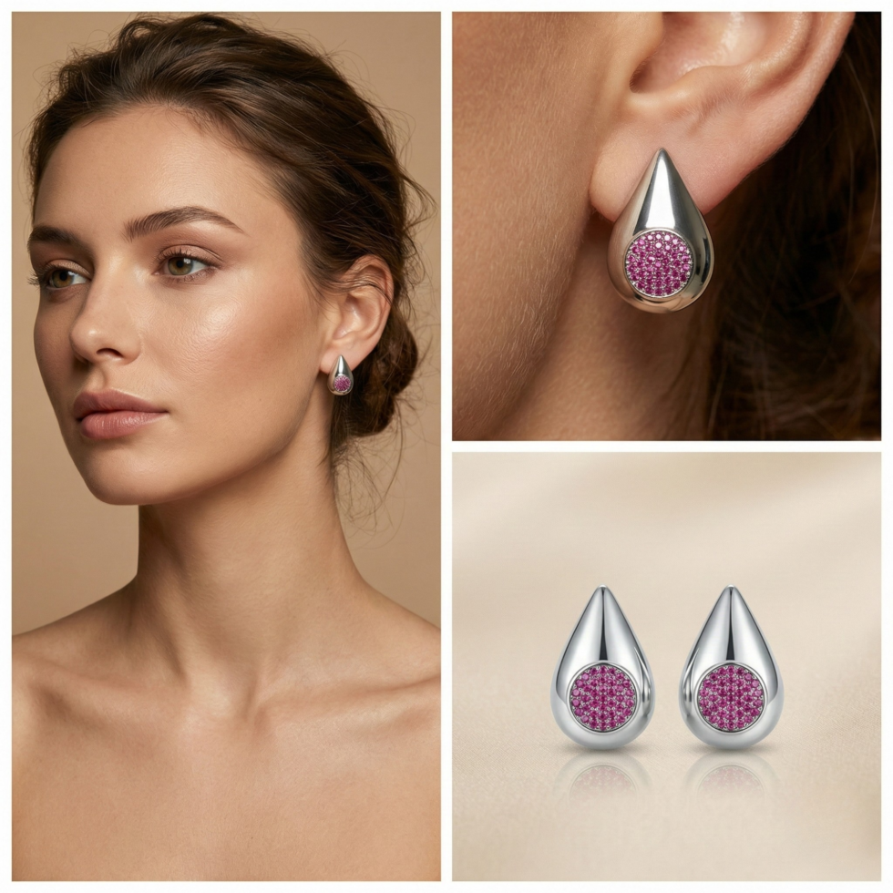 Polished Silver Pink Droplets with white background 399rs by the party piece best artificial jewelry brand in india