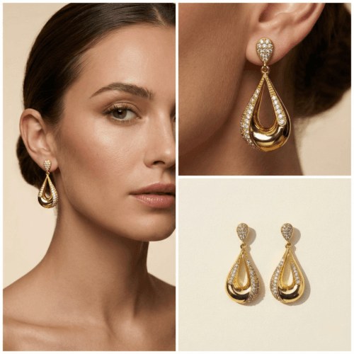 Radiant Gold Pear Dangle with white background 399rs by the party piece brand