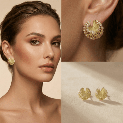 Radiant Golden Fan Studs with white background 425rs by the party piece brand