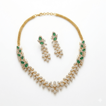 Royal Emerald Leaf American Diamond Necklace Set with white background by The Party Piece brand. best imitation jewelery brand in india