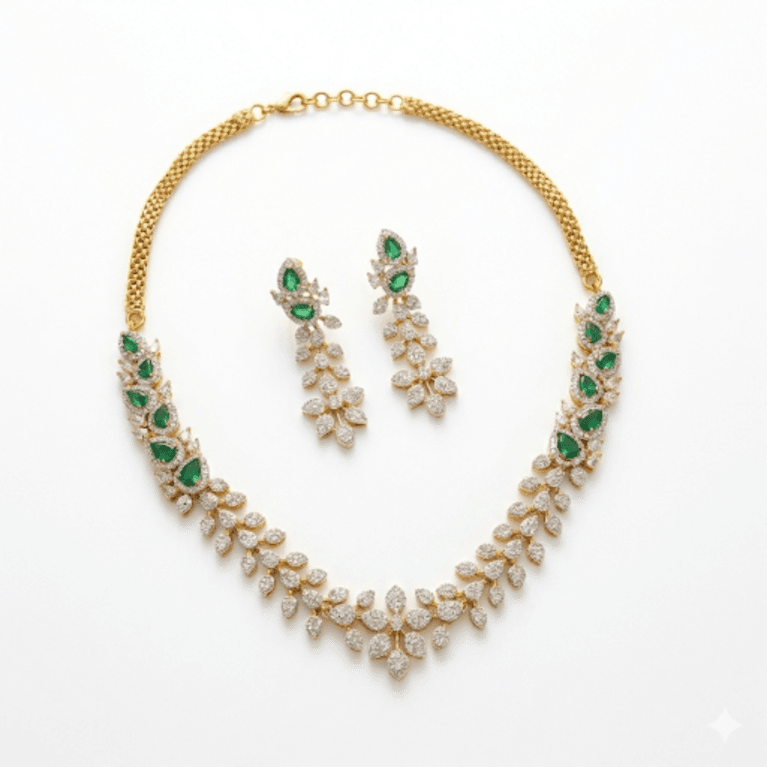 Royal Emerald Leaf American Diamond Necklace Set with white background by The Party Piece brand. best imitation jewelery brand in india