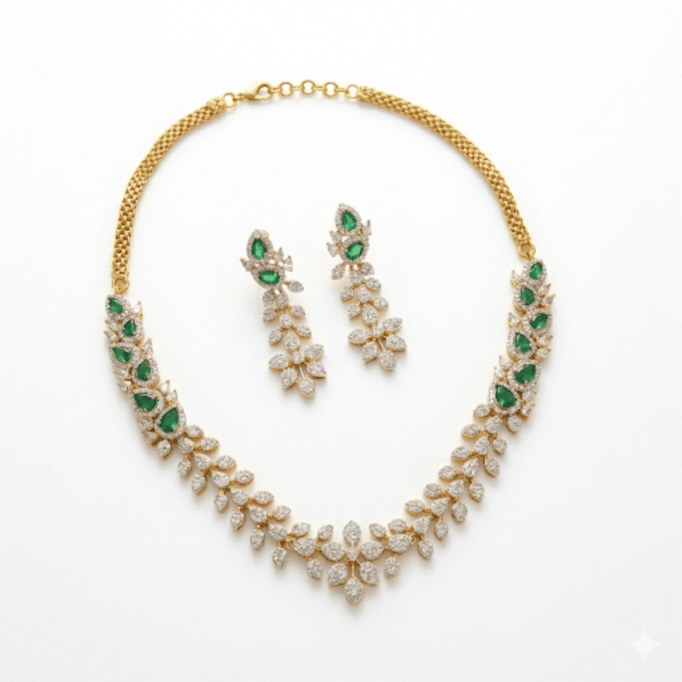 Royal Emerald Leaf American Diamond Necklace Set with white background by The Party Piece brand. best imitation jewelery brand in india