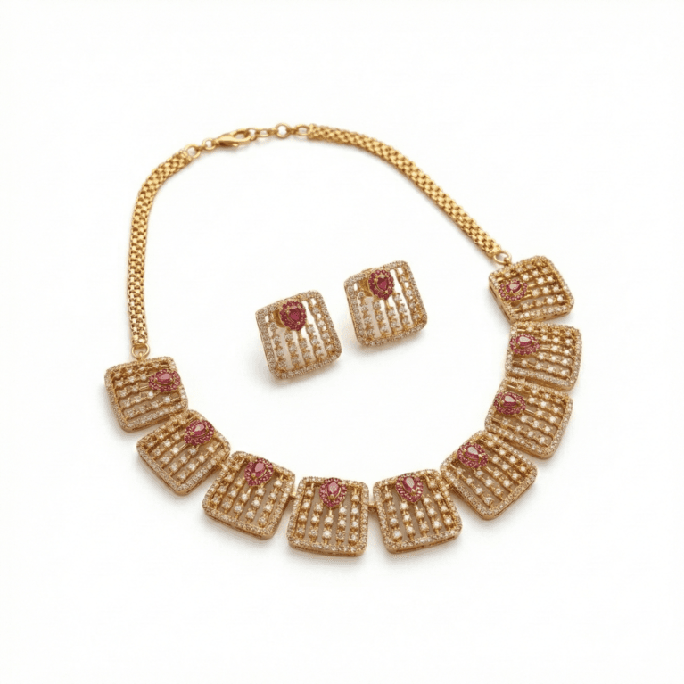 Ruby & Emerald American Diamond Statement Necklace Set with white background by The Party Piece brand. best imitation jewelery brand in india