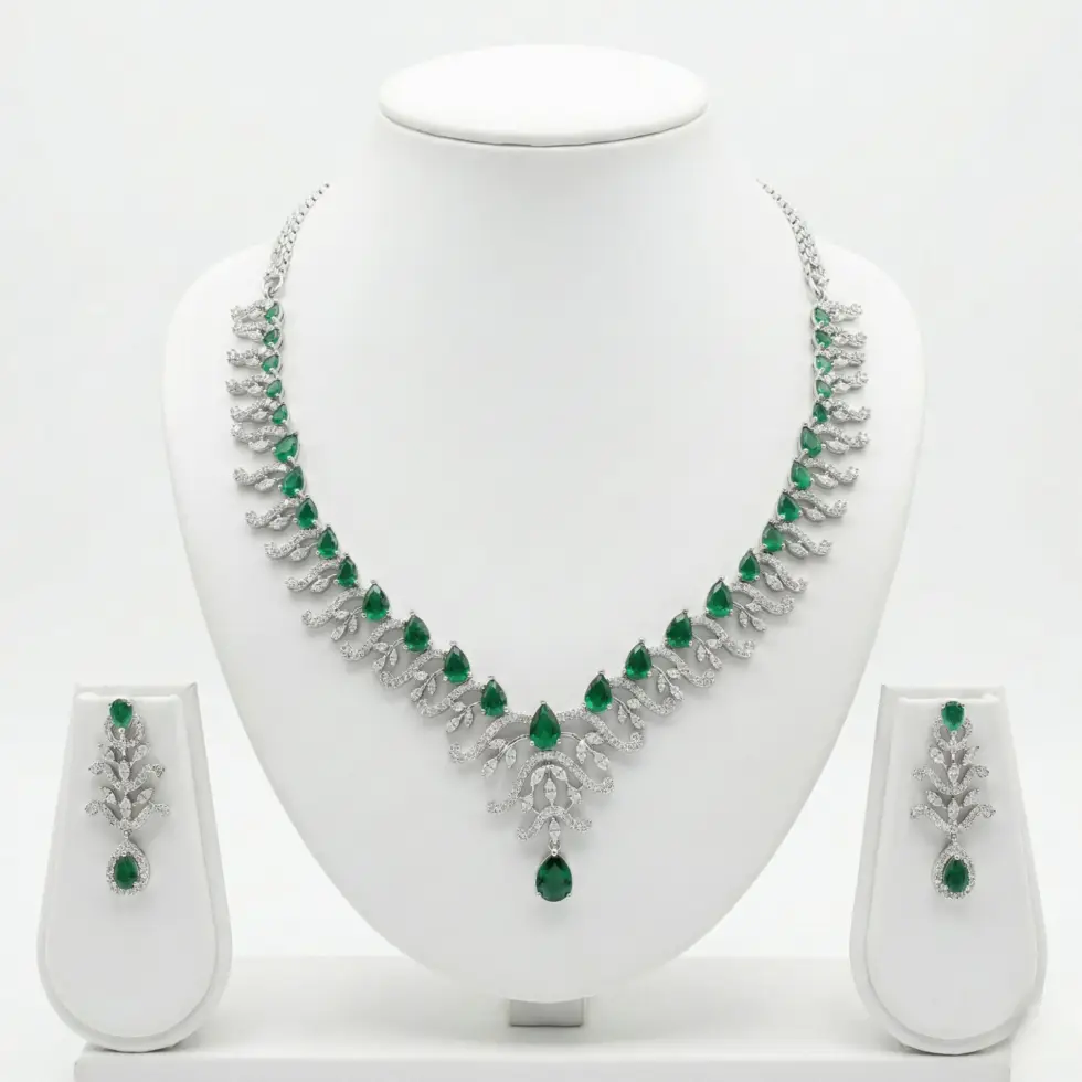 Silver-Tone Leaf Pattern American Diamond Necklace Set with white background by The Party Piece brand. best imitation jewelery brand in india