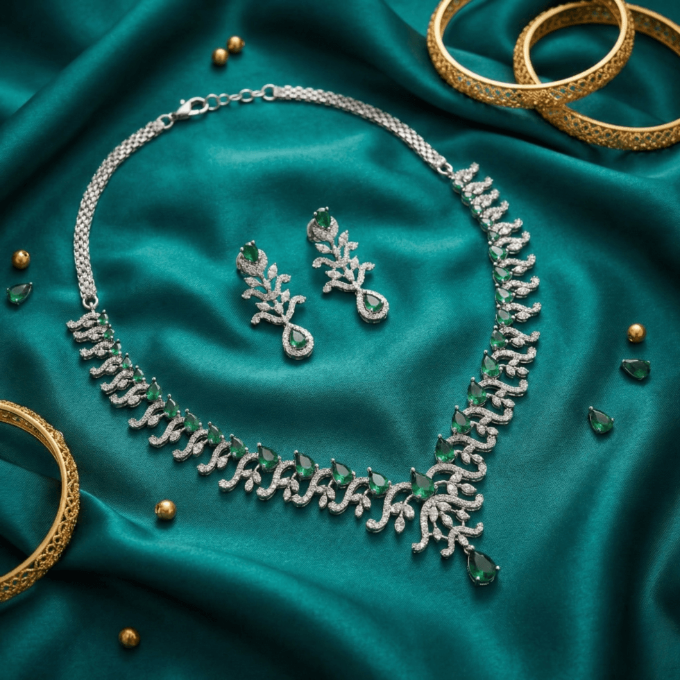 Silver-Tone Leaf Pattern American Diamond Necklace Set with white background by The Party Piece brand. best imitation jewelery brand in india