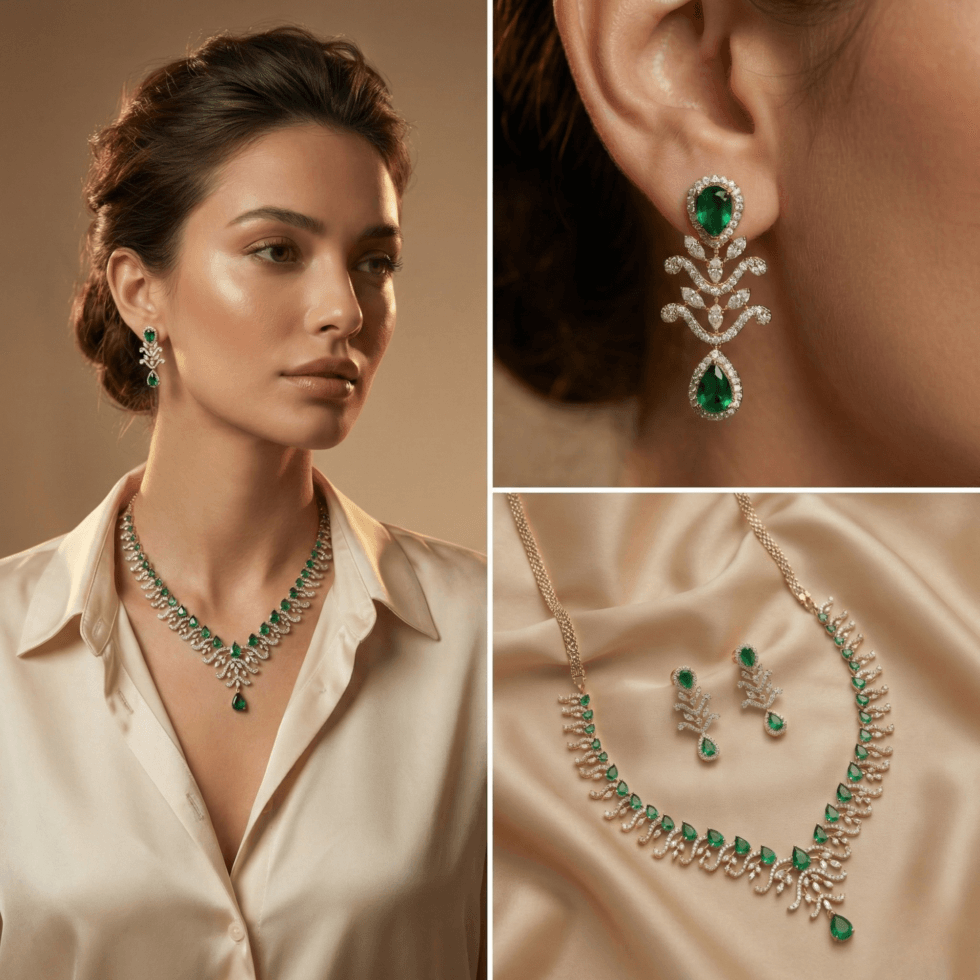 Silver-Tone Leaf Pattern American Diamond Necklace Set with white background by The Party Piece brand. best imitation jewelery brand in india