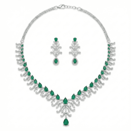 Silver-Tone Leaf Pattern American Diamond Necklace Set with white background by The Party Piece brand. best imitation jewelery brand in india