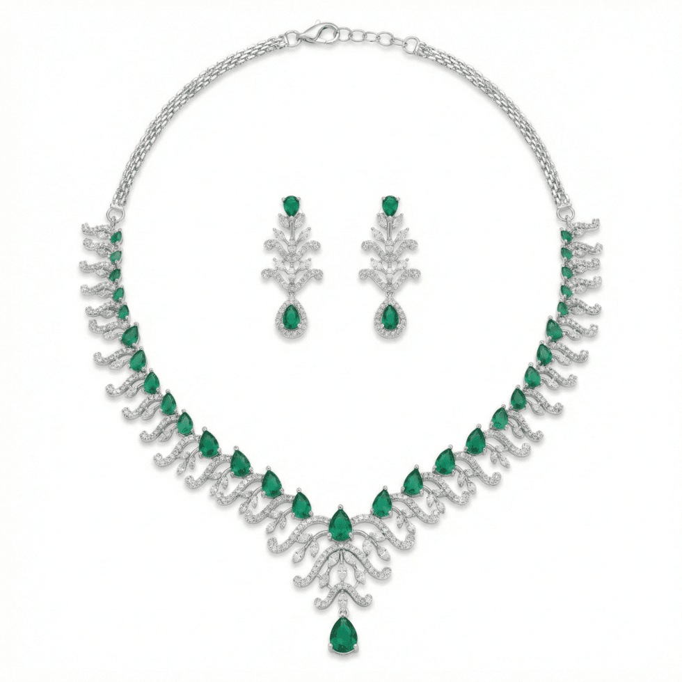 Silver-Tone Leaf Pattern American Diamond Necklace Set with white background by The Party Piece brand. best imitation jewelery brand in india