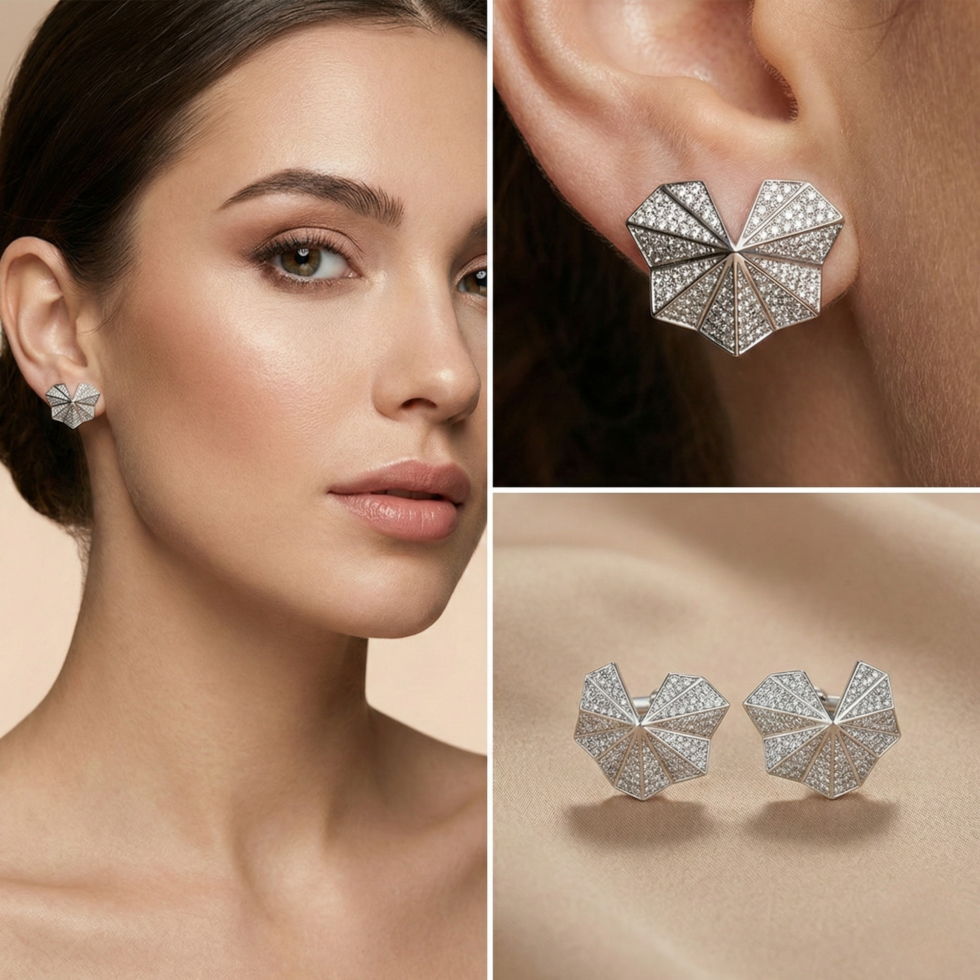 Premium Crystal Fan earring with white background 399rs by the party piece best imitation jewelry brand in india